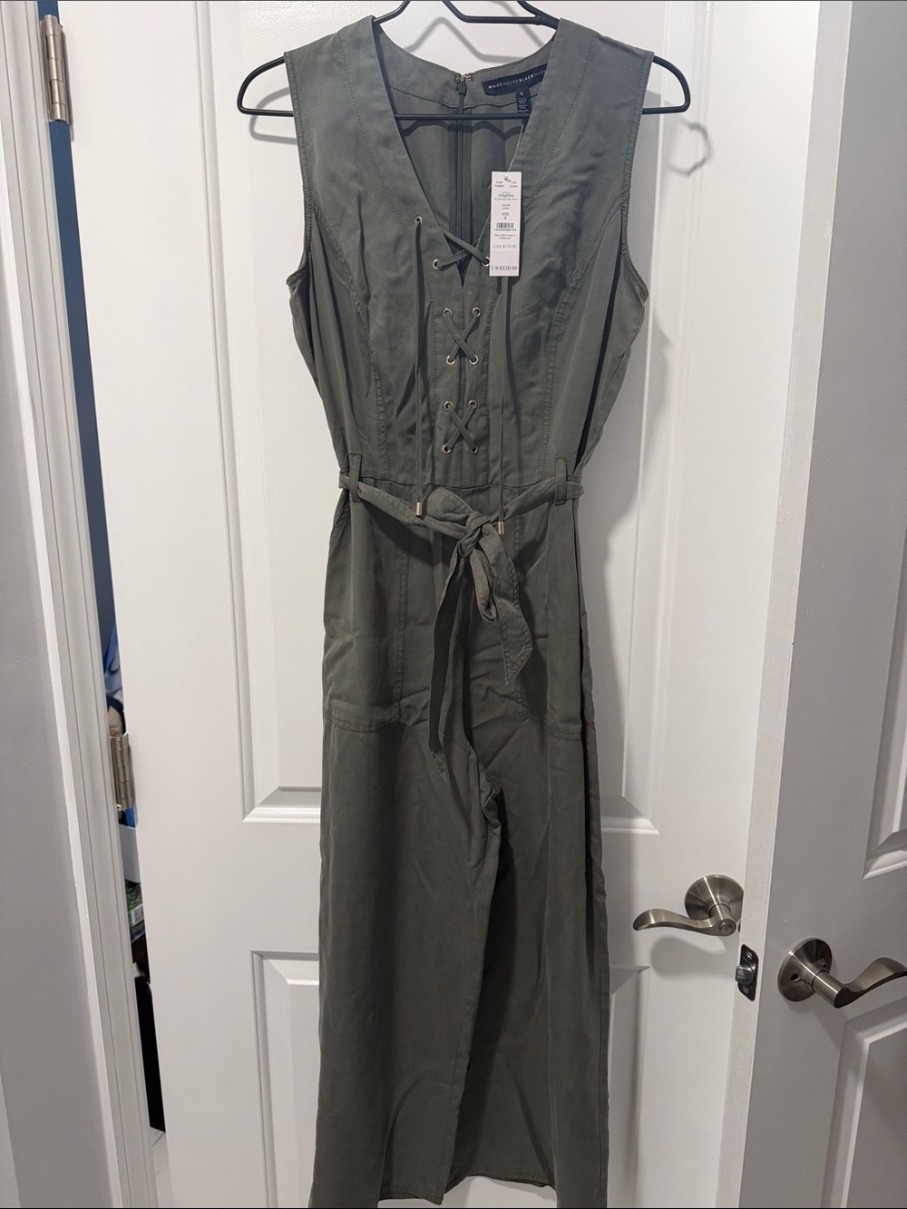 White House Black Market Olive Lace‑Up Maxi Jumpsuit